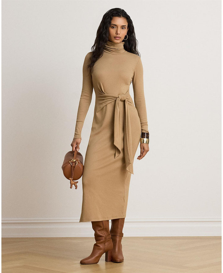 Tie-Front Cotton-Blend Turtleneck Dress