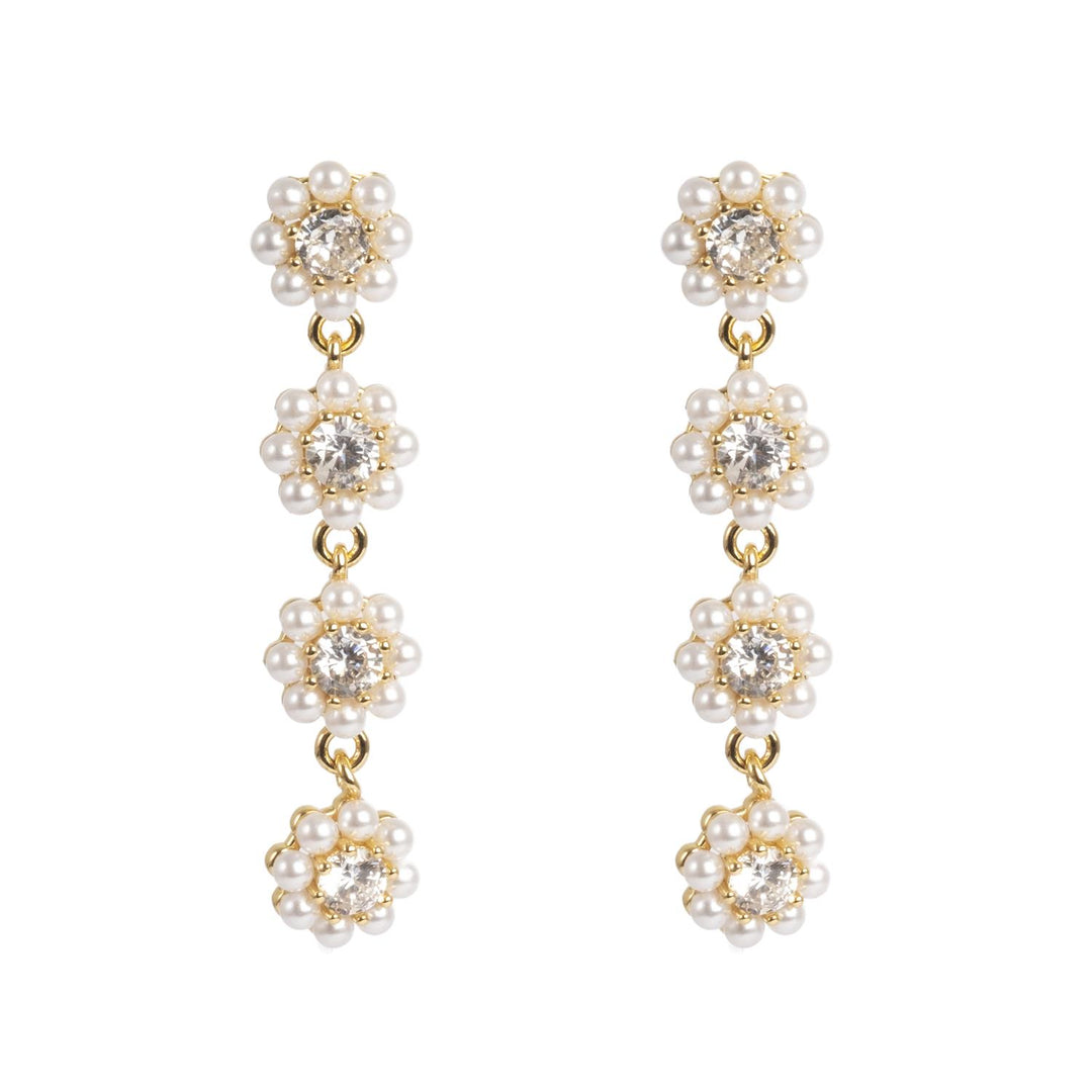 Earring 4 flower brass/pearl w/CZ