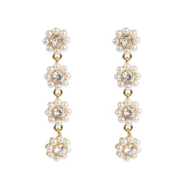 Earring 4 flower brass/pearl w/CZ