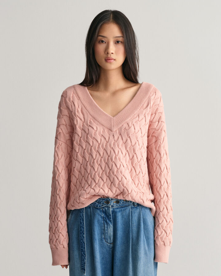 Textured Cotton V-neck Sweater