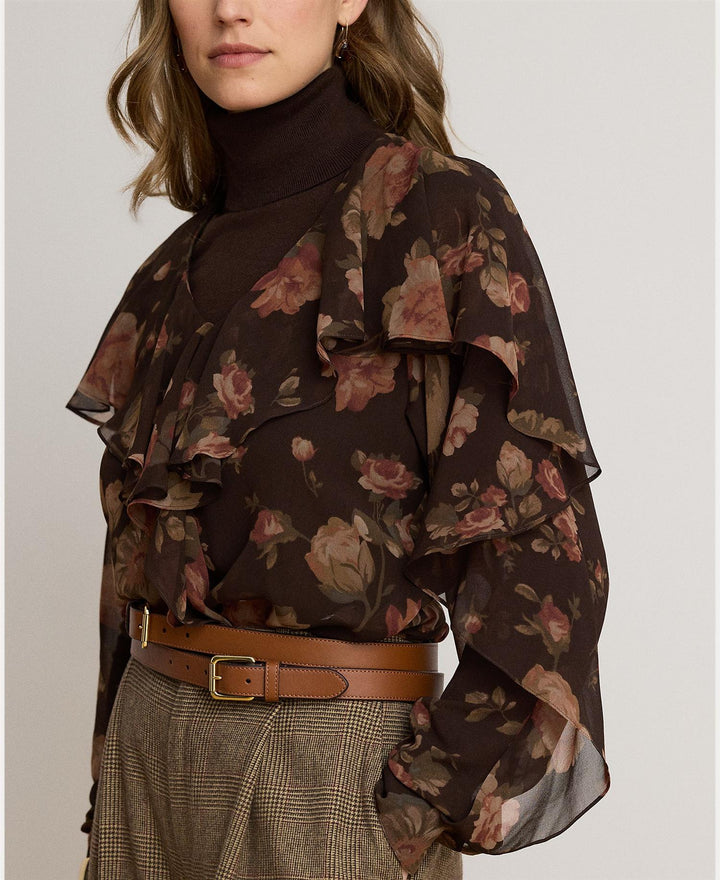 Floral Ruffle-Trim Chiffon V-Neck Blouse