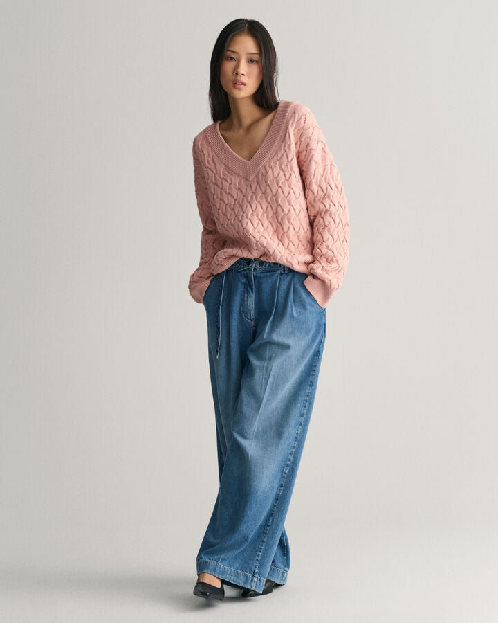 Textured Cotton V-neck Sweater