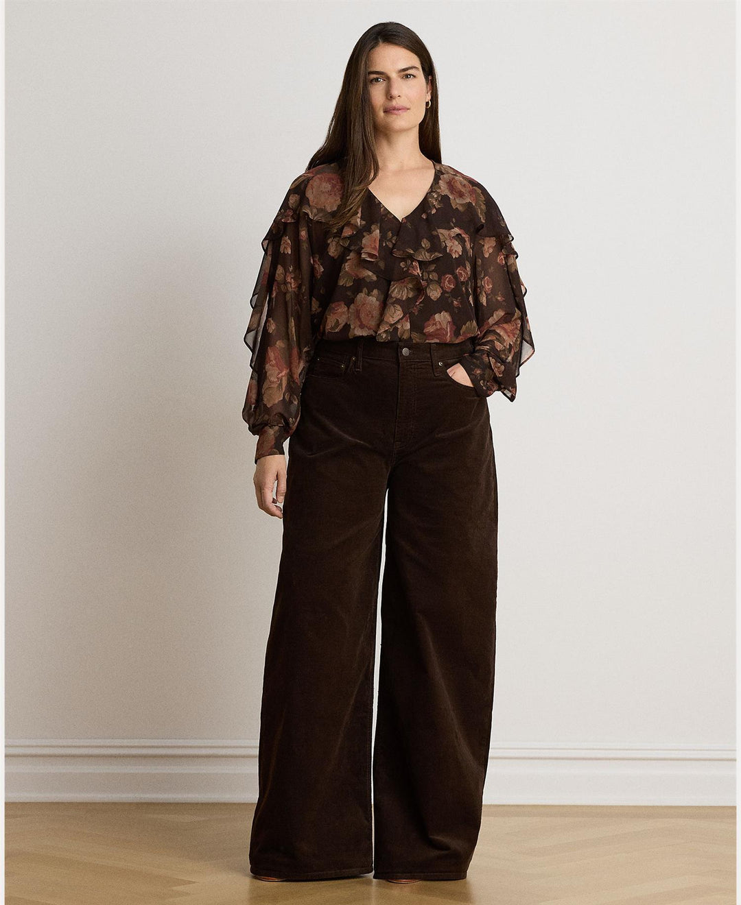 Floral Ruffle-Trim Chiffon V-Neck Blouse